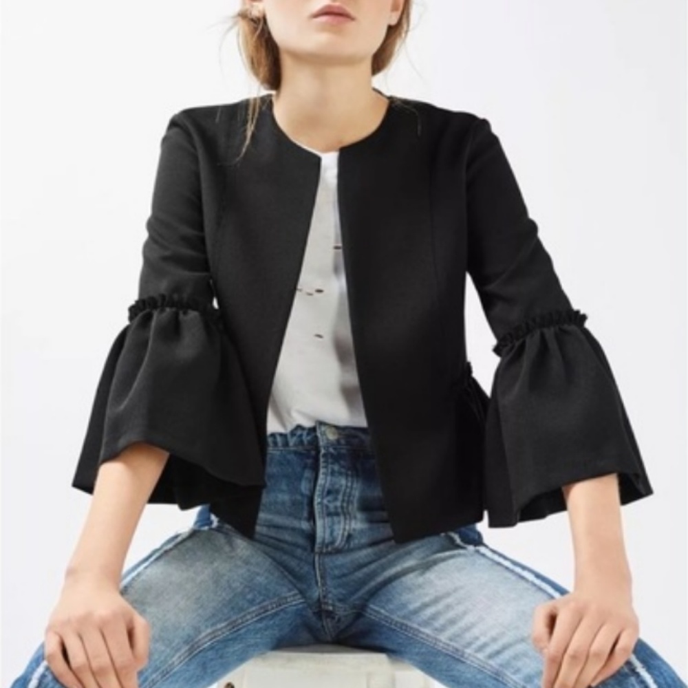 Topshop Bell Ruffle Sleeve Cropped Jacket - Picture 1 of 8